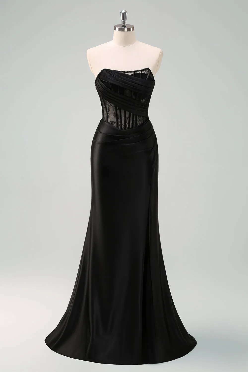 Black Corset Strapless Satin Mermaid Maxi Dress