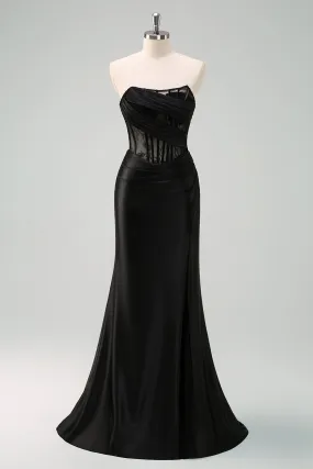 Black Corset Strapless Satin Mermaid Maxi Dress