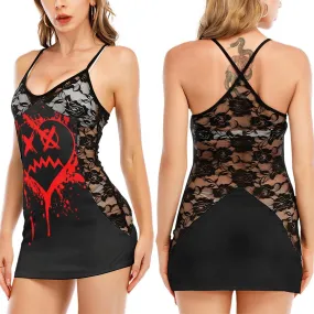 Blood Heart Emo Black Lace Sleepwears Babydol Dresses