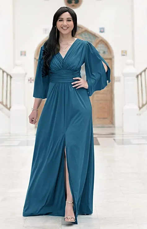 Blue Teal Womens Long Bridesmaid Cocktail Evening Short Sleeve Maxi Dress Gown - KOH KOH