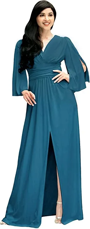 Blue Teal Womens Long Bridesmaid Cocktail Evening Short Sleeve Maxi Dress Gown - KOH KOH