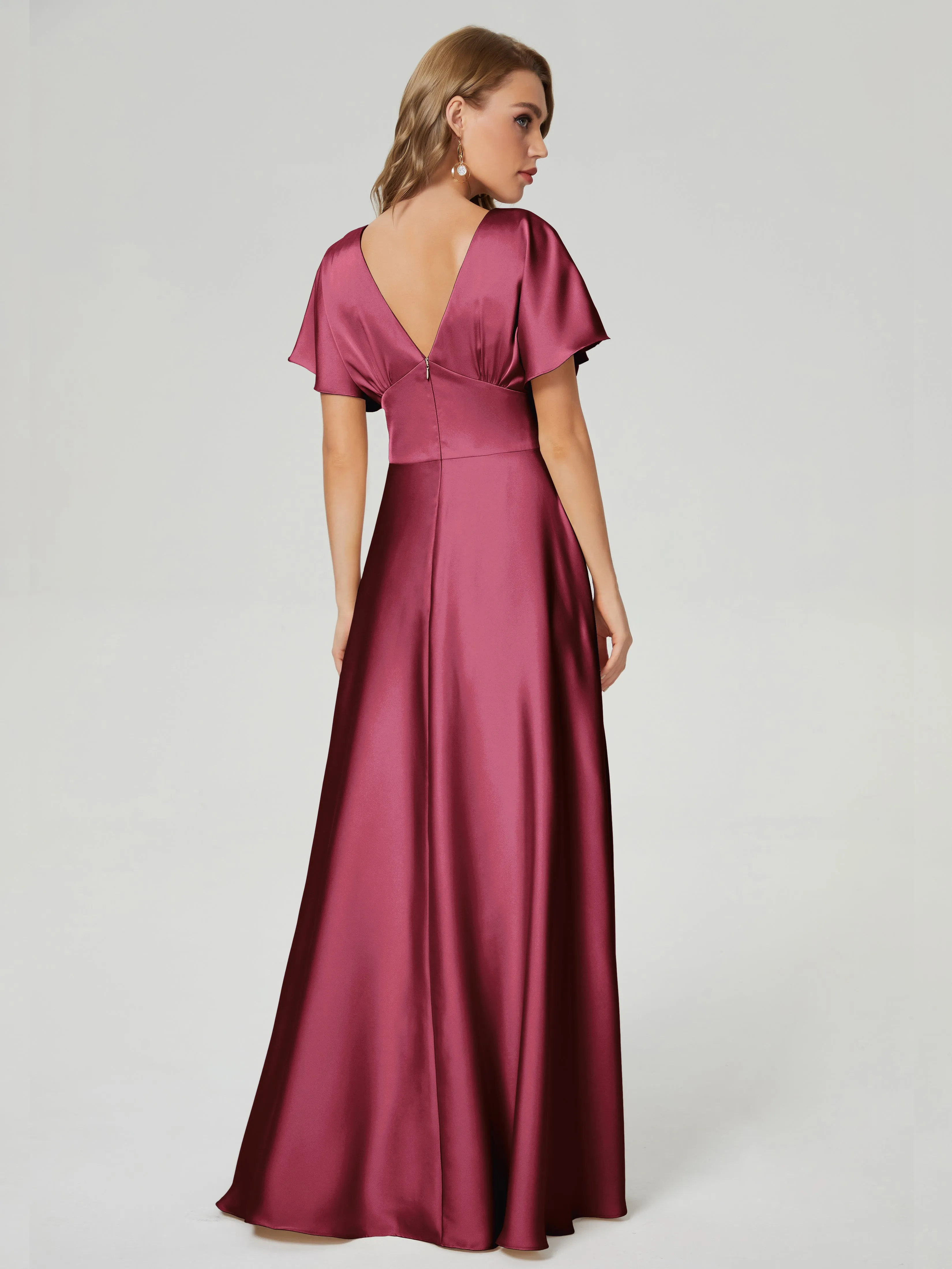 Burgundy Bridesmaid Dresses Ariah Modest V Neck Short Sleeves Soft Satin Dresses