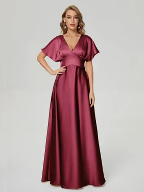 Burgundy Bridesmaid Dresses Ariah Modest V Neck Short Sleeves Soft Satin Dresses