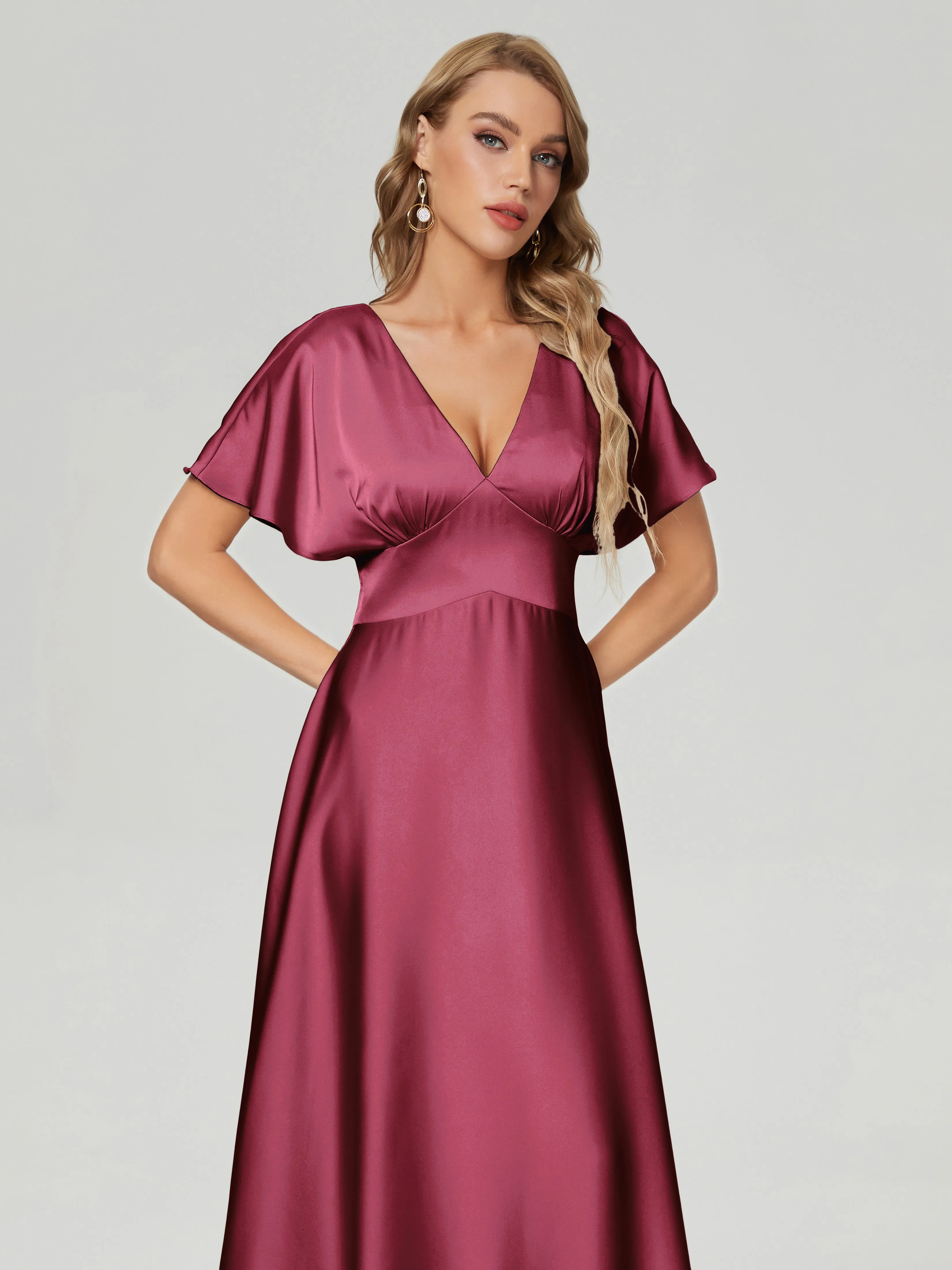 Burgundy Bridesmaid Dresses Ariah Modest V Neck Short Sleeves Soft Satin Dresses