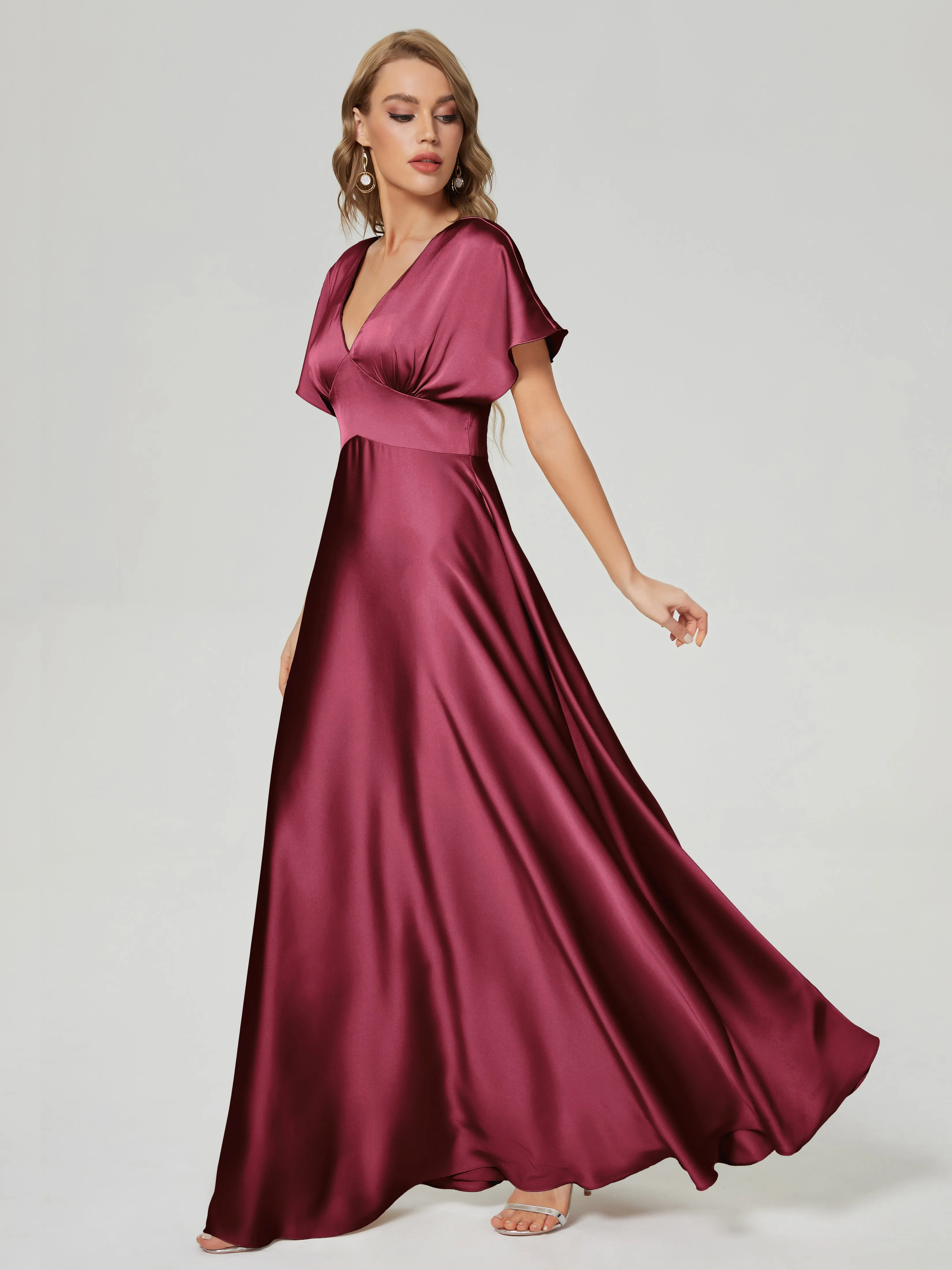 Burgundy Bridesmaid Dresses Ariah Modest V Neck Short Sleeves Soft Satin Dresses