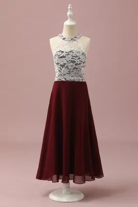 Burgundy Lace and Chiffon Halter Junior Bridesmaid Dress