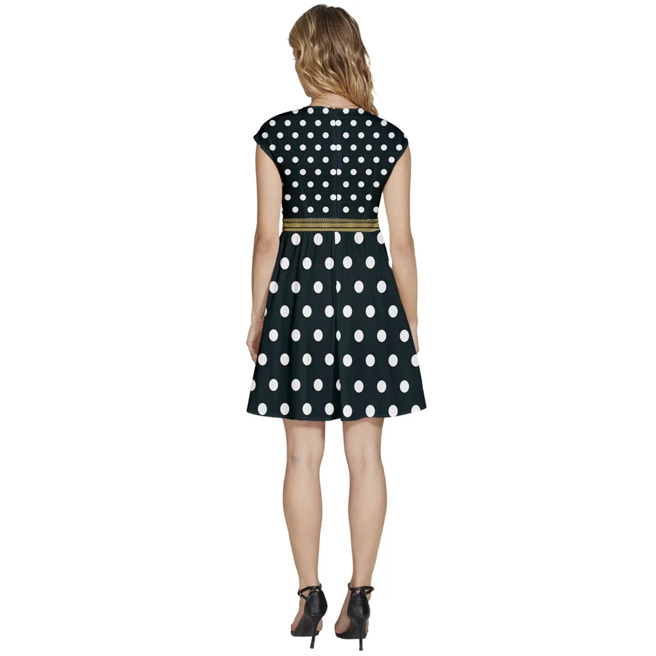 Cap Sleeve High Waist Dots Black Dress