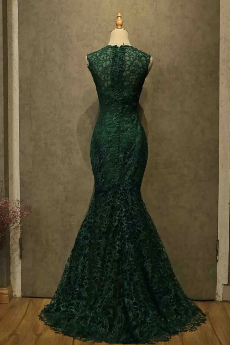 Charming Dark Green Lace Mermaid Straps Prom Dresses, Long Evening Dresses