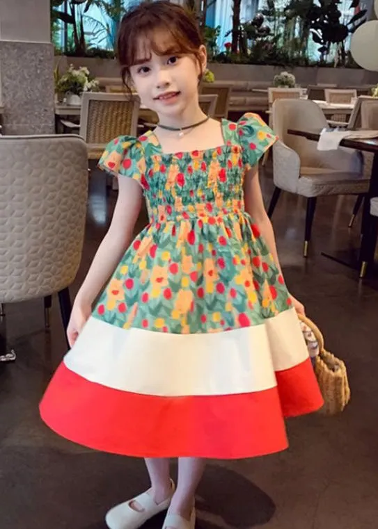 Chic Green Square Collar Print Patchwork Cotton Girls Dresses Summer TT009