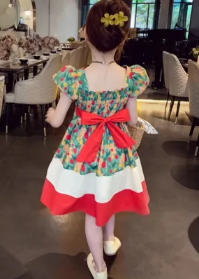 Chic Green Square Collar Print Patchwork Cotton Girls Dresses Summer TT009