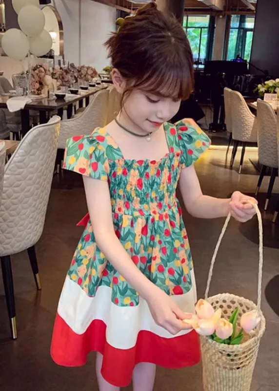 Chic Green Square Collar Print Patchwork Cotton Girls Dresses Summer TT009