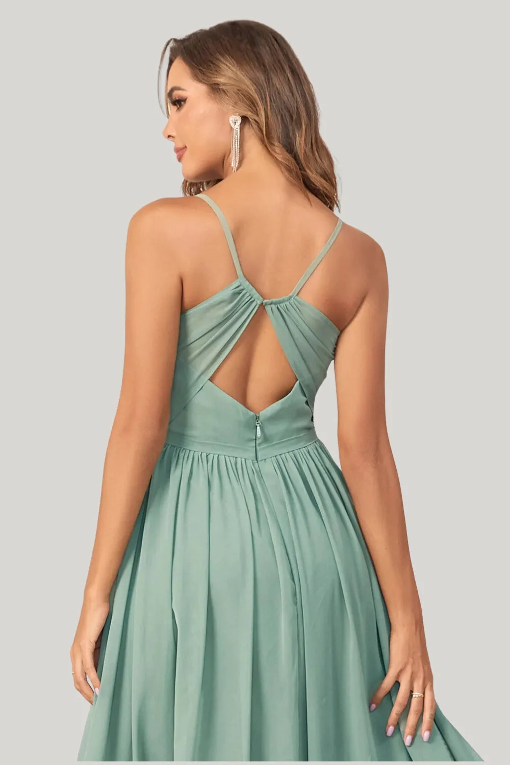 Chiffon A Line Spaghetti Straps Eucalyptus Maxi Dress with Slit