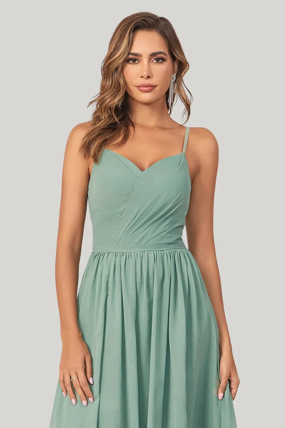 Chiffon A Line Spaghetti Straps Eucalyptus Maxi Dress with Slit