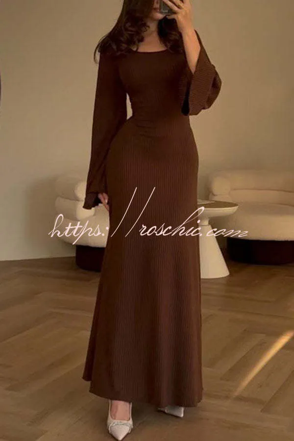 Comfortable Elegance Ribbed Bell Long Sleeve Stretch Maxi Dress