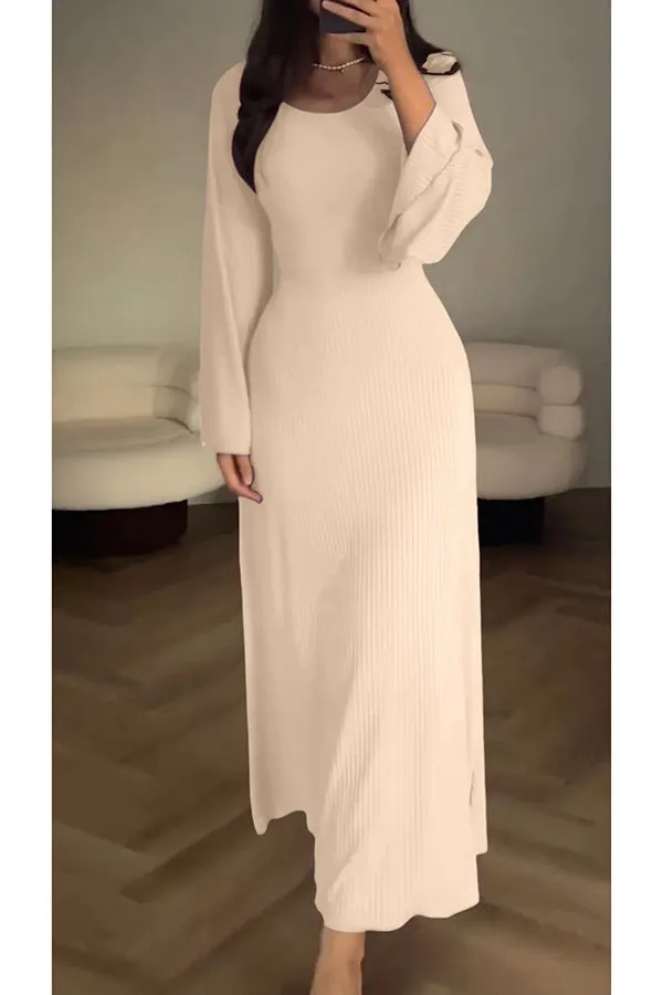 Comfortable Elegance Ribbed Bell Long Sleeve Stretch Maxi Dress