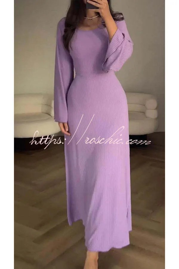 Comfortable Elegance Ribbed Bell Long Sleeve Stretch Maxi Dress