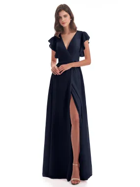 Dark Navy Bridesmaid Dress Hope Charming V Neck Long Chiffon Bridesmaid Dresses