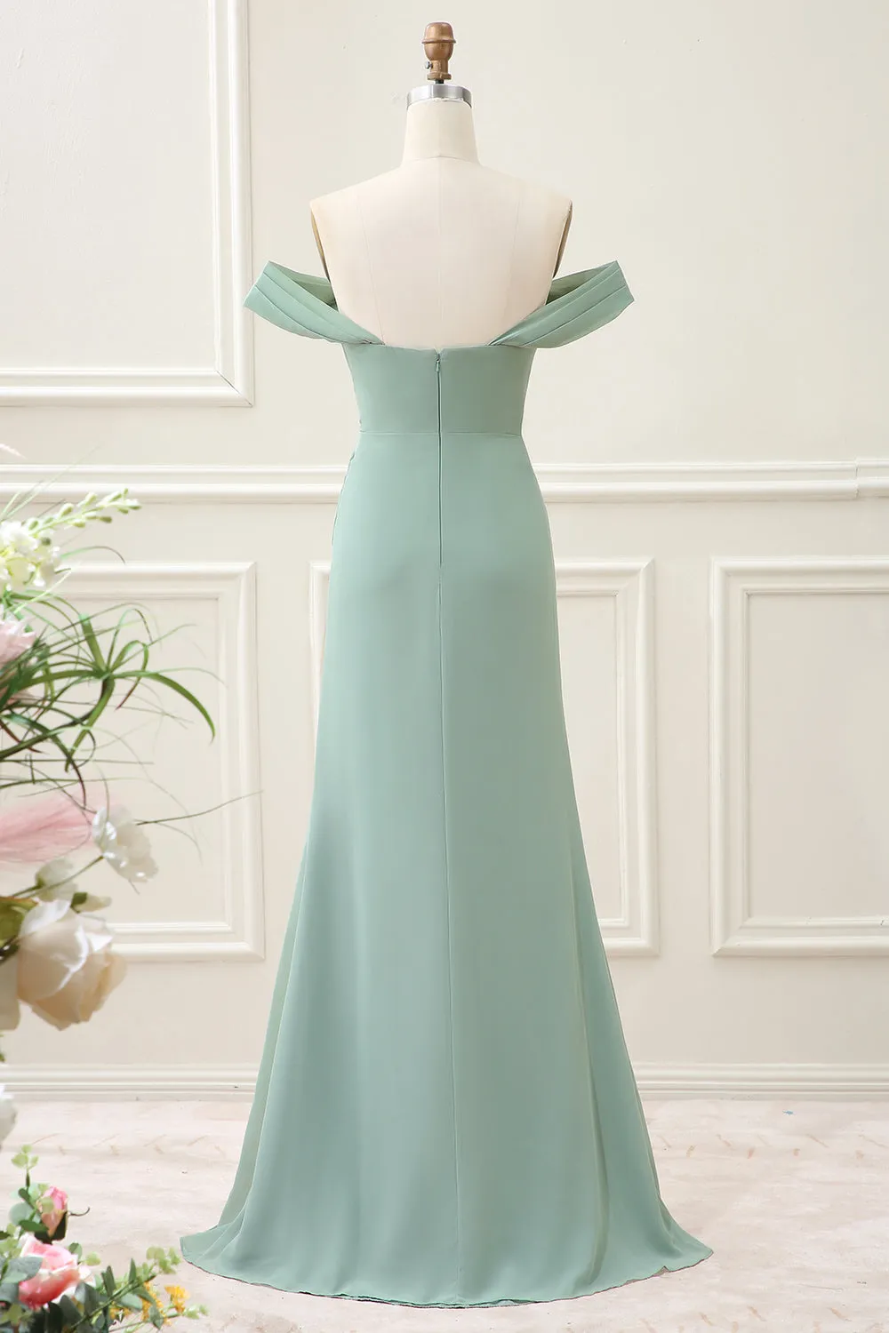 Dusty Sage Off the Shoulder Sheath Chiffon Pleated Maxi Dress with Slit