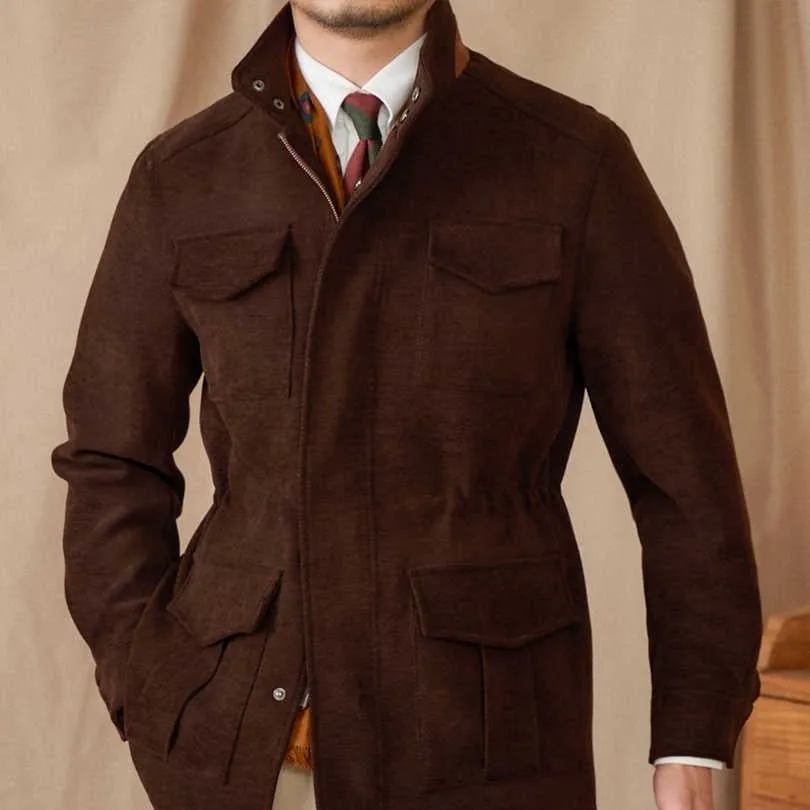 Elastic Waist Stand Collar Multi-Pocket Safari Vintage Gentlemans Coat Jacket