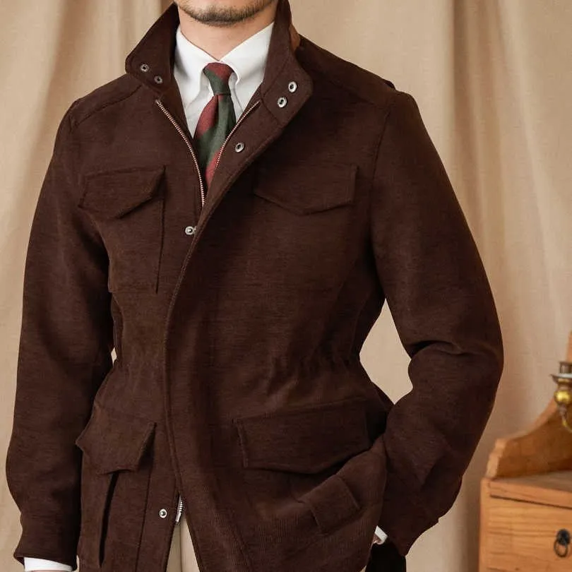 Elastic Waist Stand Collar Multi-Pocket Safari Vintage Gentlemans Coat Jacket