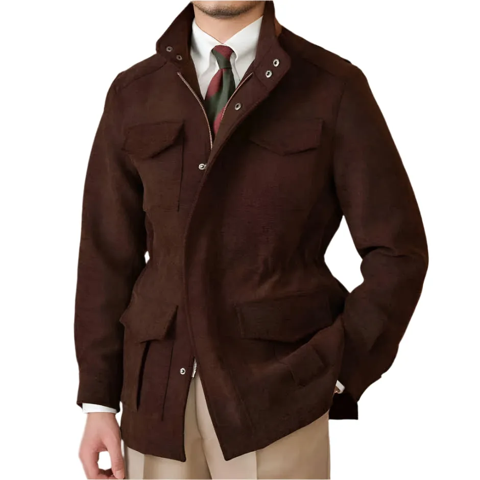 Elastic Waist Stand Collar Multi-Pocket Safari Vintage Gentlemans Coat Jacket