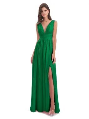 Emerald Green Bridesmaid Dresses Uk Charming Chiffon V Neck Split Long Bridesmaid Dresses