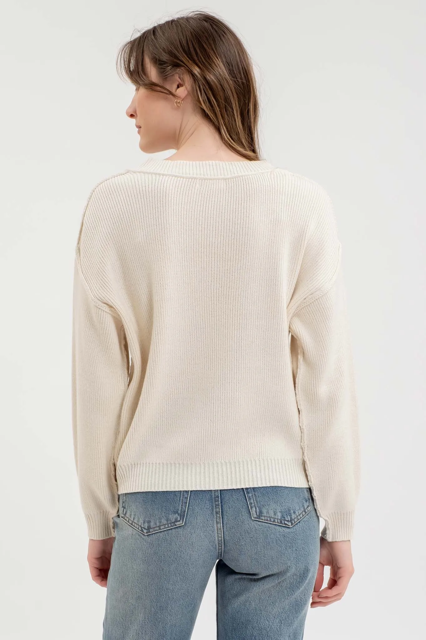 EXPOSED SEAM V NECK PULLOVER KNIT SWEATER