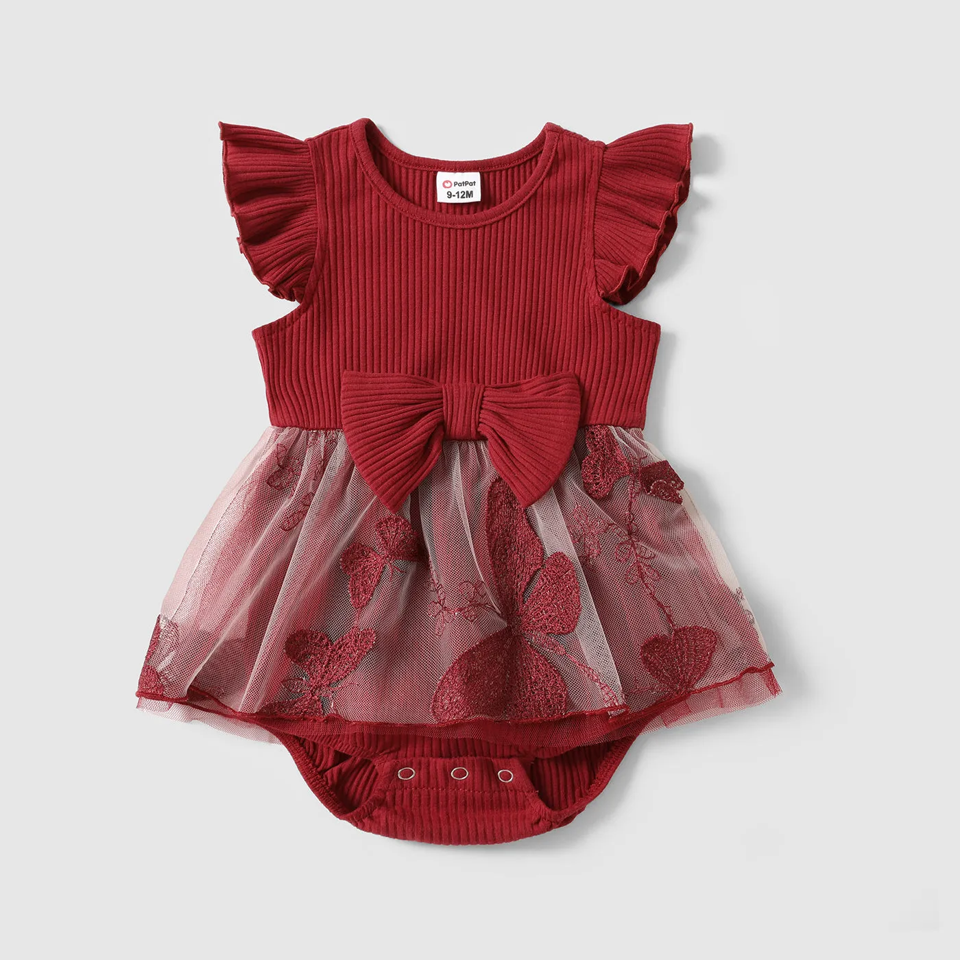 Family Matching 95% Cotton Short-sleeve Colorblock T-shirts and Rib Knit Spliced Butterfly Embroidered Mesh Dresses Sets