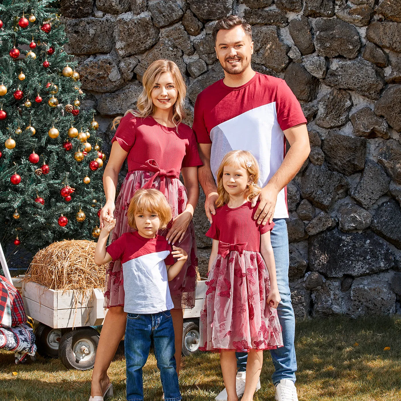 Family Matching 95% Cotton Short-sleeve Colorblock T-shirts and Rib Knit Spliced Butterfly Embroidered Mesh Dresses Sets