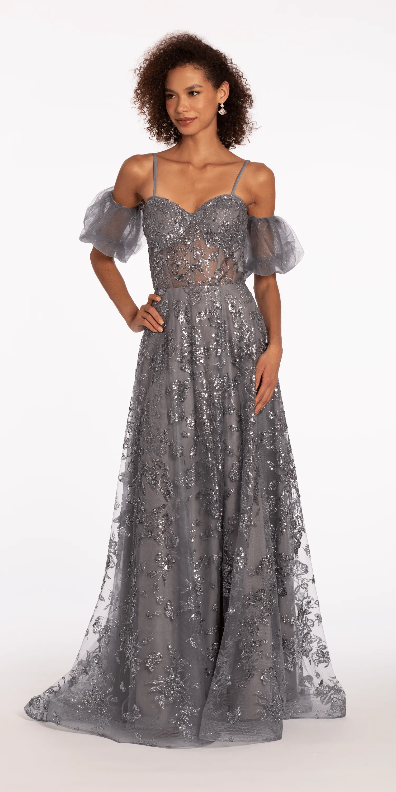 Glitter Sweetheart Corset A Line Dress with Detachable Sleeves