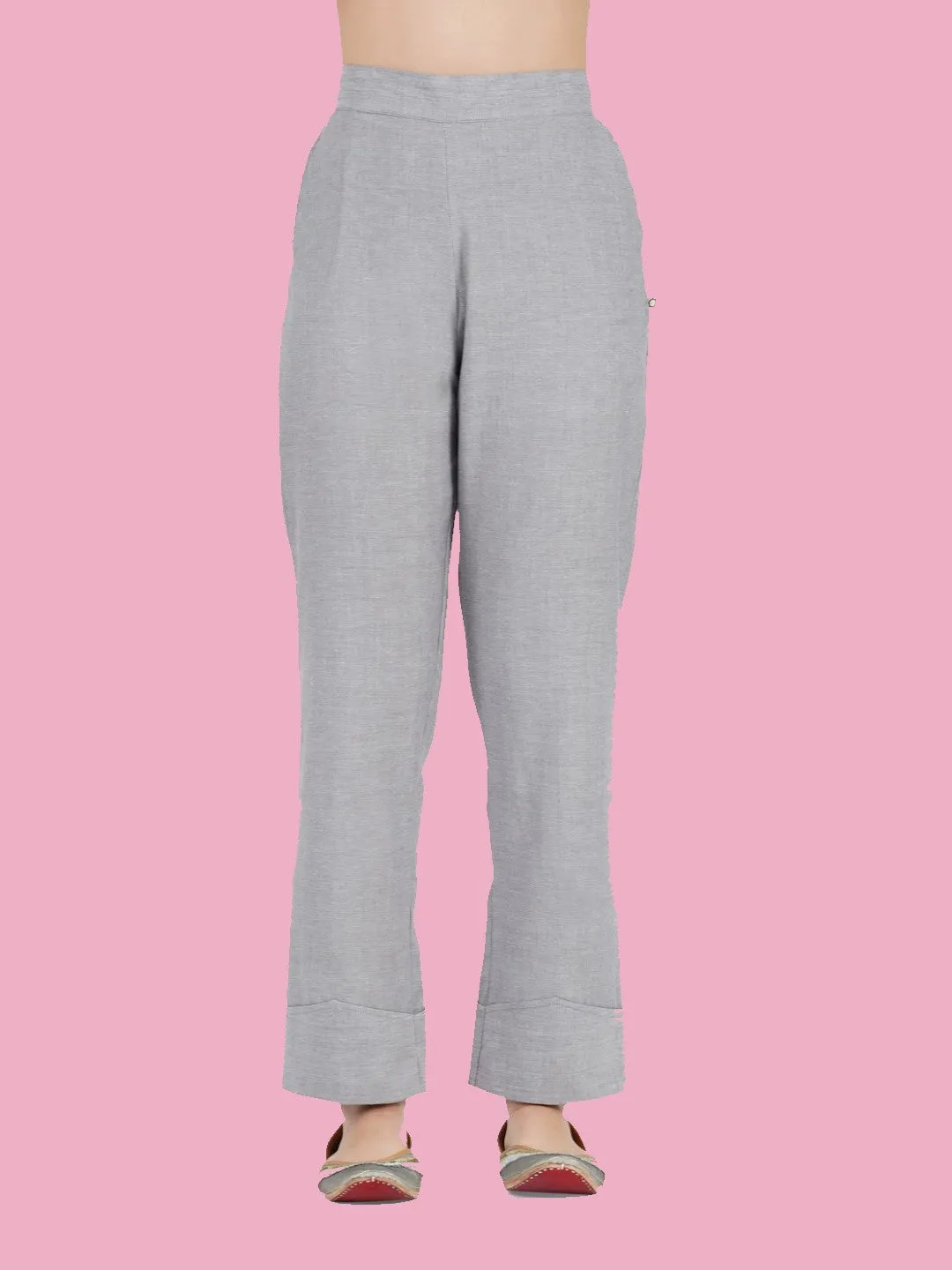 Grey Solid Cuffed Pants