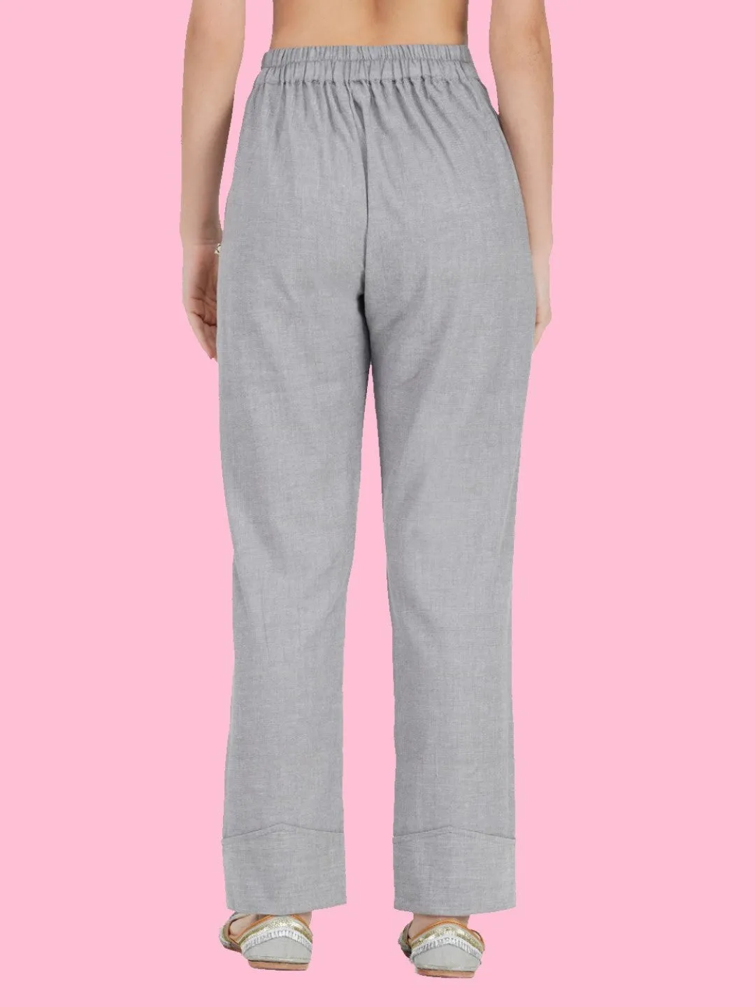 Grey Solid Cuffed Pants