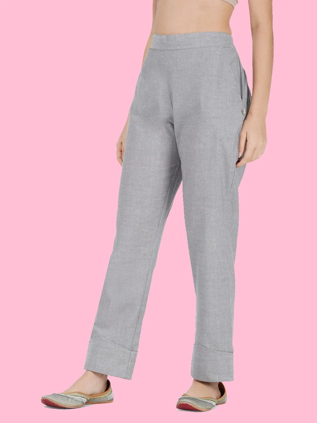 Grey Solid Cuffed Pants