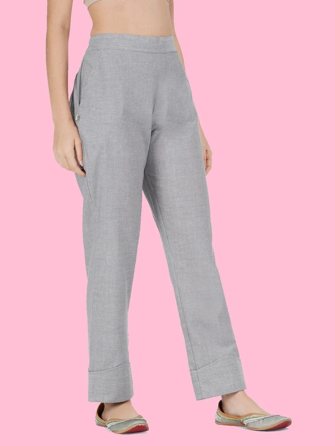 Grey Solid Cuffed Pants