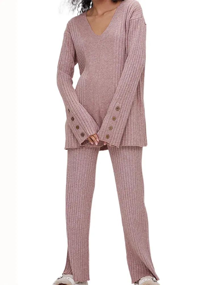 JuliaFashion - Knitted Pullovers Sweaters Wide Leg Trousers Loungewear Suits