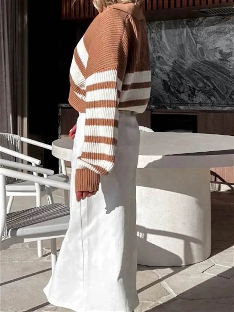 JuliaFashion - Spring Autumn Knitted Long Sleeve Lapel Striped Pullovers Knitwear V-neck Loose Casual Female Sweater