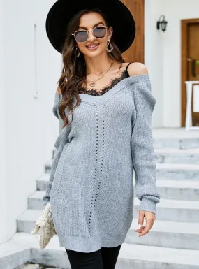 Lace Stitching Pullover V-neck Sweater