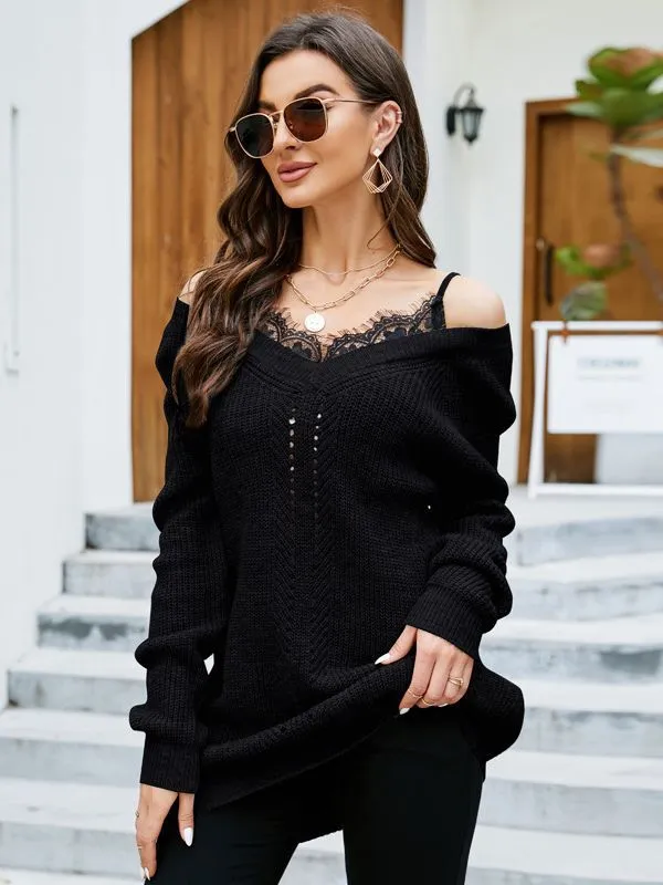 Lace Stitching Pullover V-neck Sweater