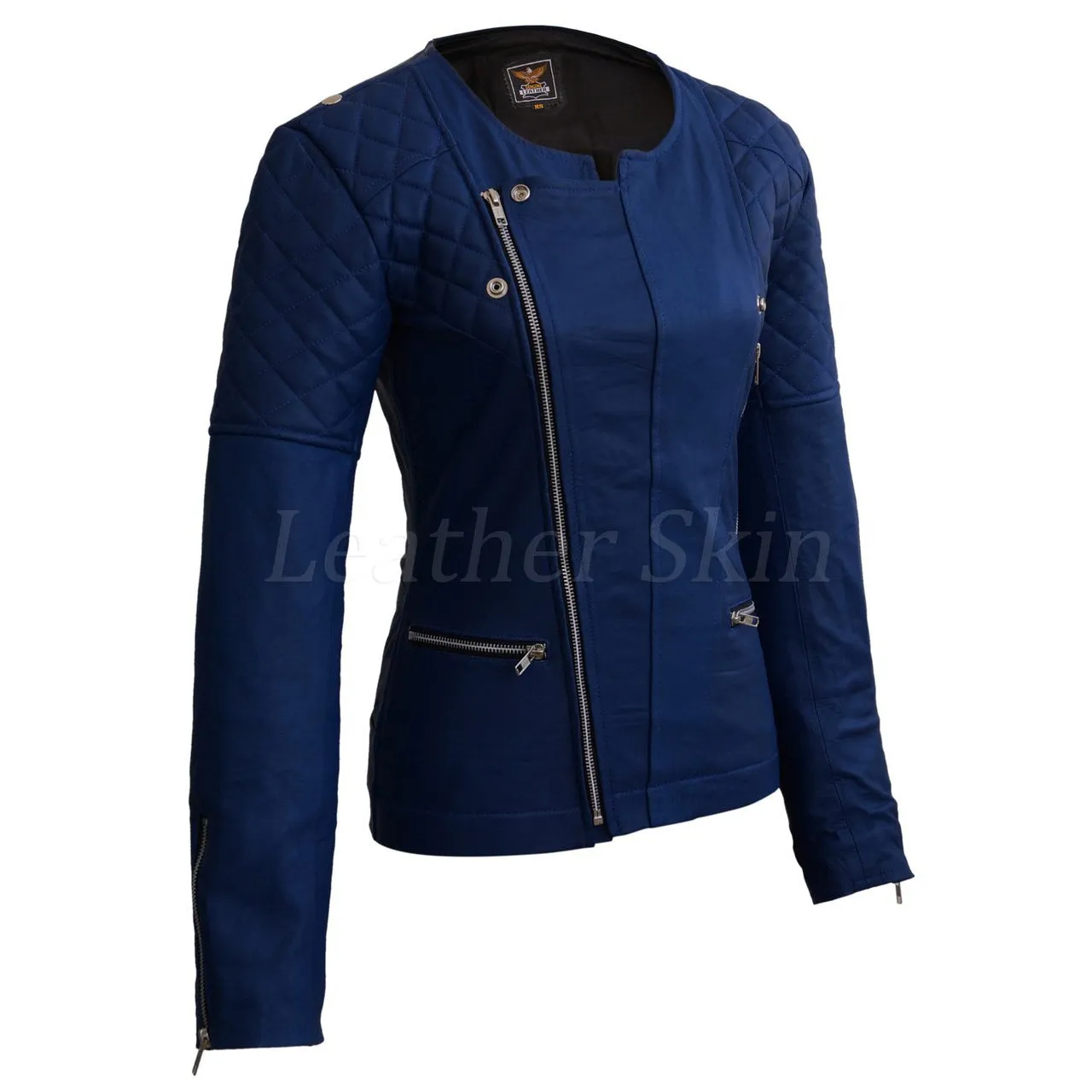 Leather Skin Women Blue Shoulder Quilted Collarless Genuine Leather Jacket