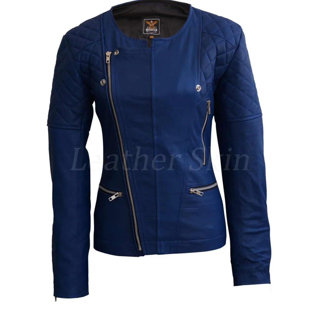 Leather Skin Women Blue Shoulder Quilted Collarless Genuine Leather Jacket