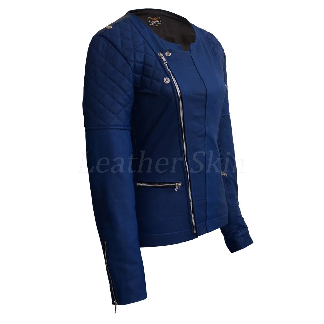 Leather Skin Women Blue Shoulder Quilted Collarless Genuine Leather Jacket