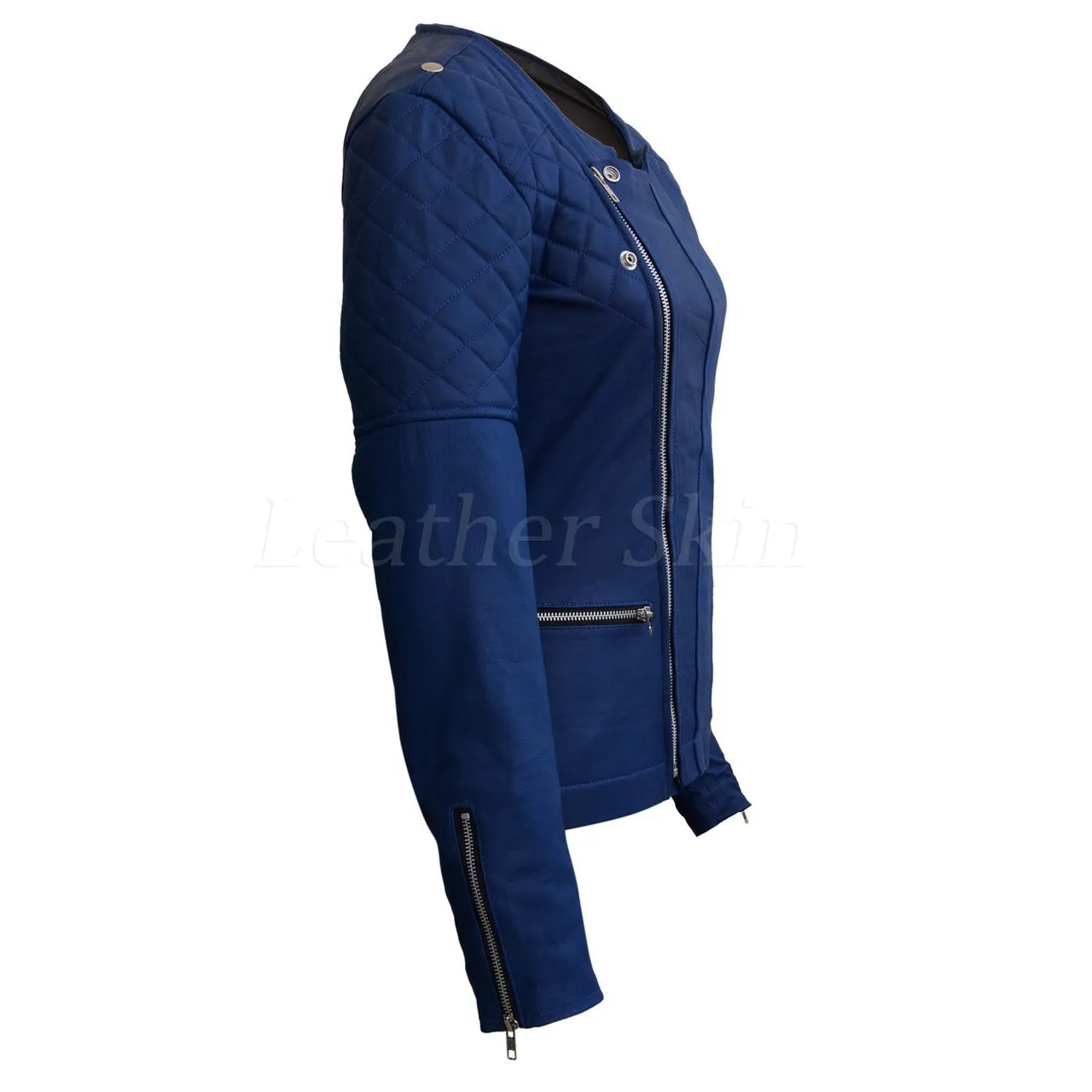 Leather Skin Women Blue Shoulder Quilted Collarless Genuine Leather Jacket