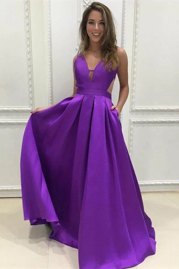 Long Backless V-Neck Sleeveless A-Line Prom Dresses with Pockets