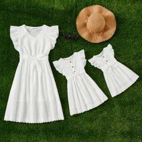 Mommy and Me 100% Cotton Solid Textured Flutter-sleeve Belted Dresses