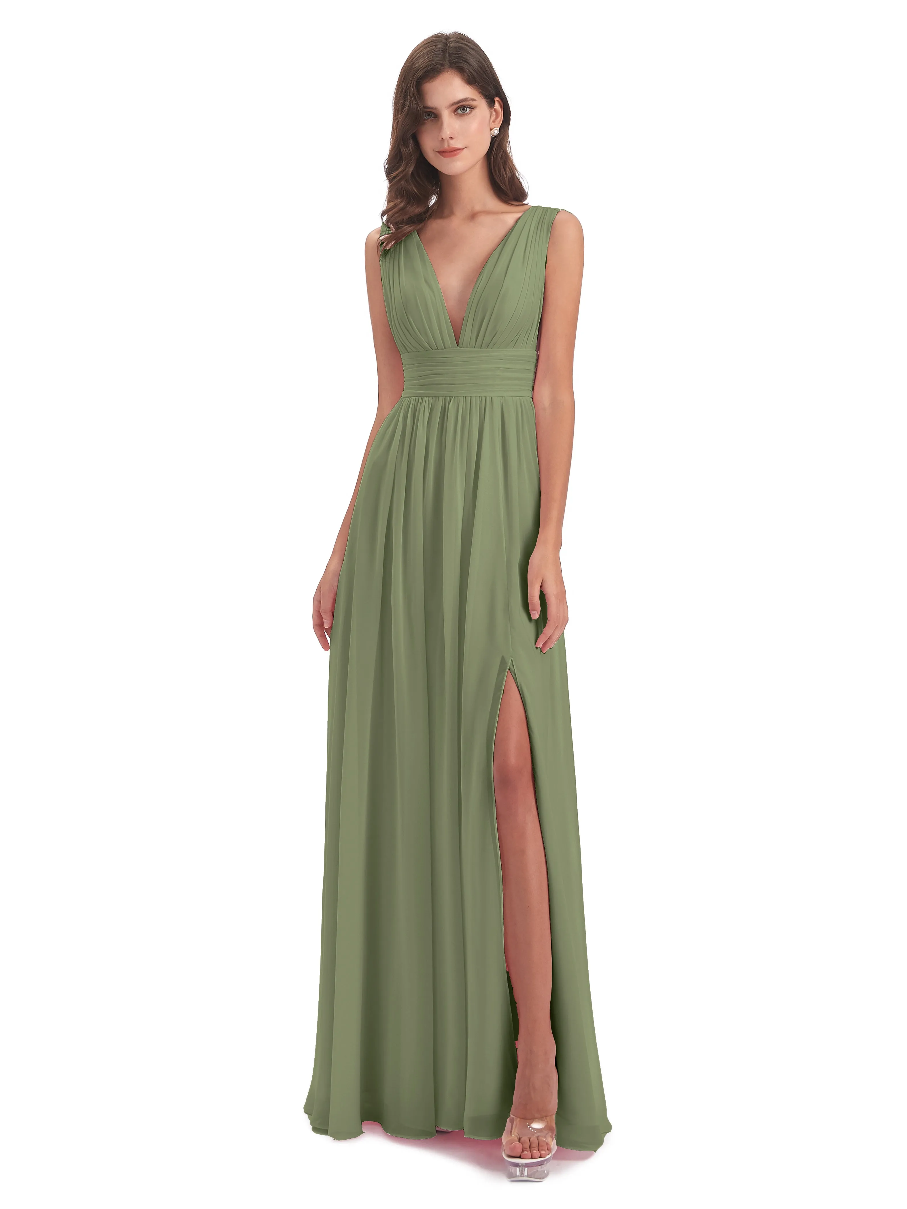 Olive Green Bridesmaid Dresses Charming Chiffon V Neck Split Long Bridesmaid Dresses