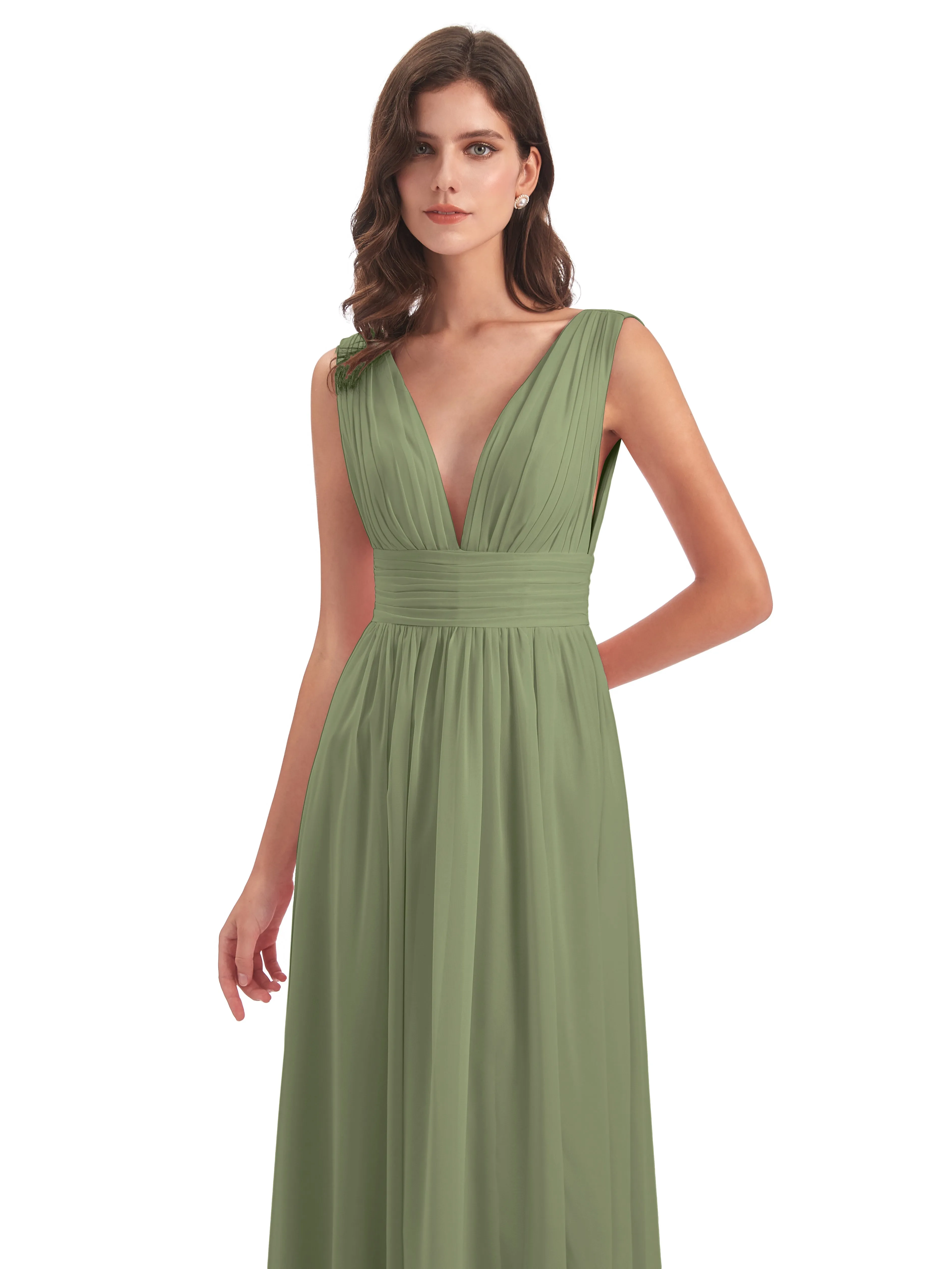 Olive Green Bridesmaid Dresses Charming Chiffon V Neck Split Long Bridesmaid Dresses