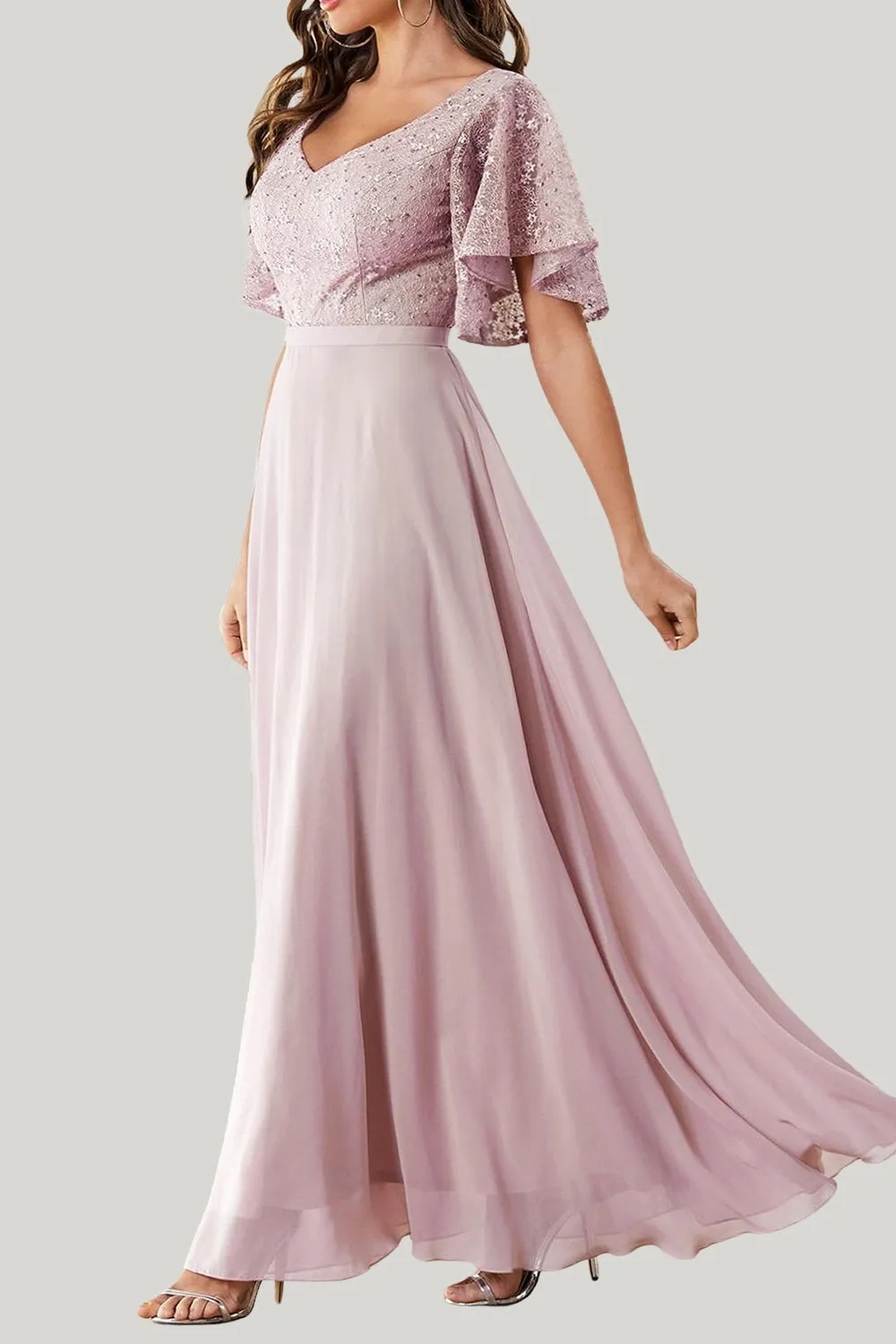 Pink A line Ruffled Chiffon Lace Maxi Dress