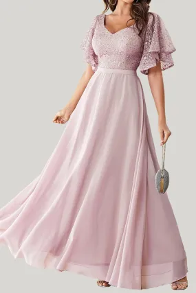 Pink A line Ruffled Chiffon Lace Maxi Dress