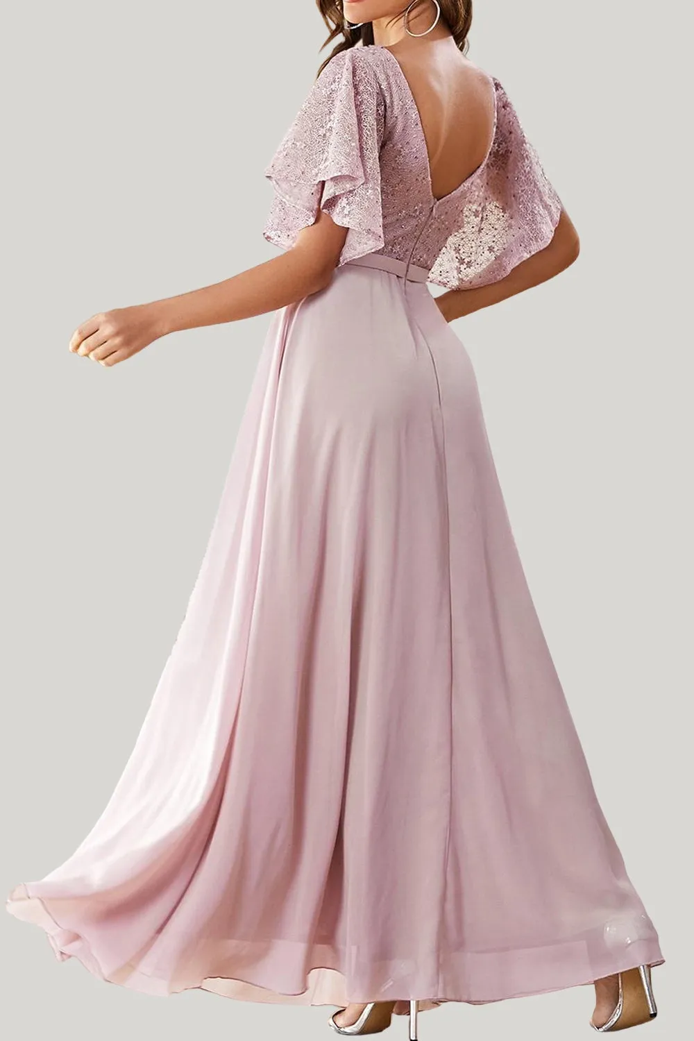 Pink A line Ruffled Chiffon Lace Maxi Dress