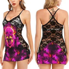 Pink Fire Skull Black Lace Sleepwears Babydol Dresses